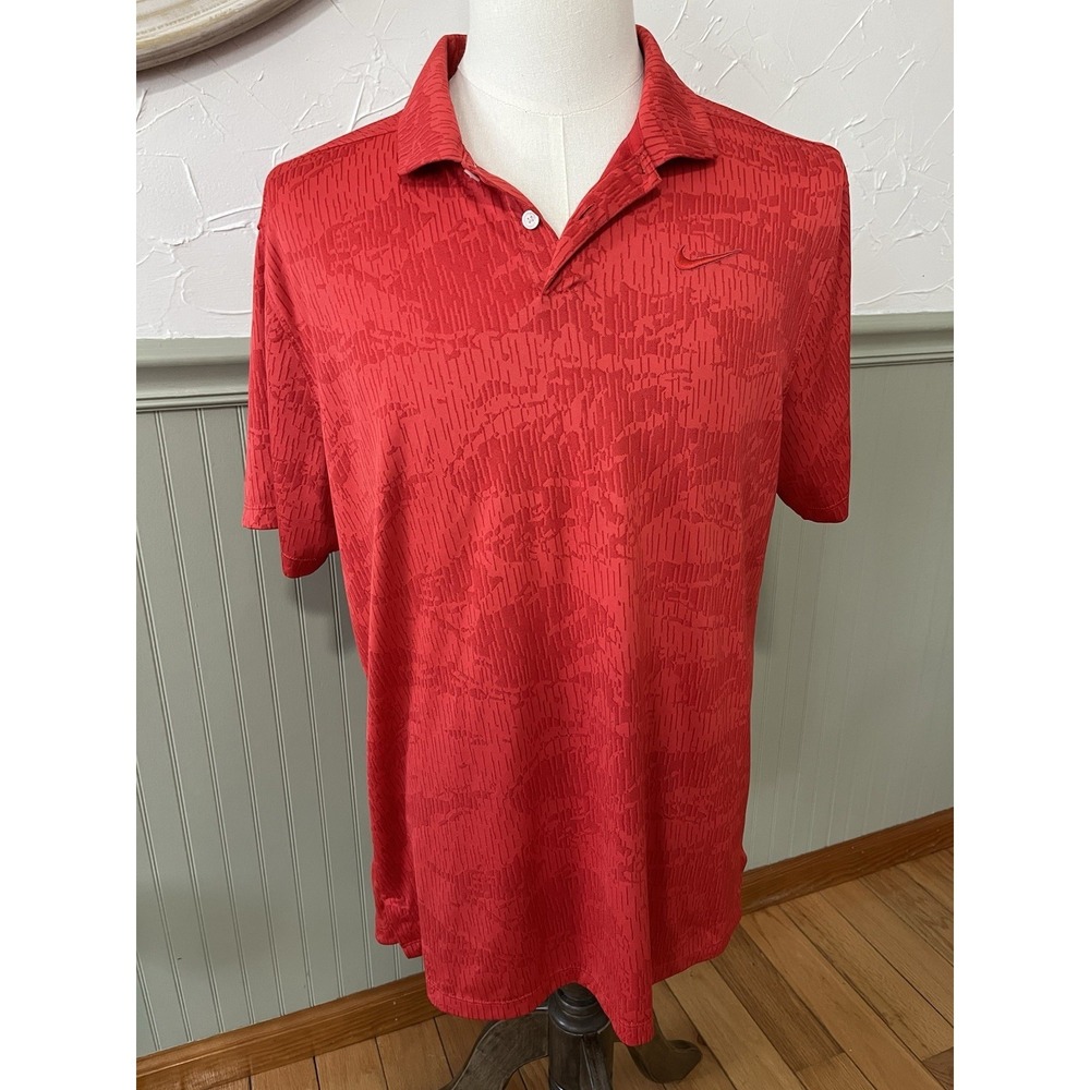 Nike Polo Shirt Mens Large Red Geo Print Dri-FIT Golf